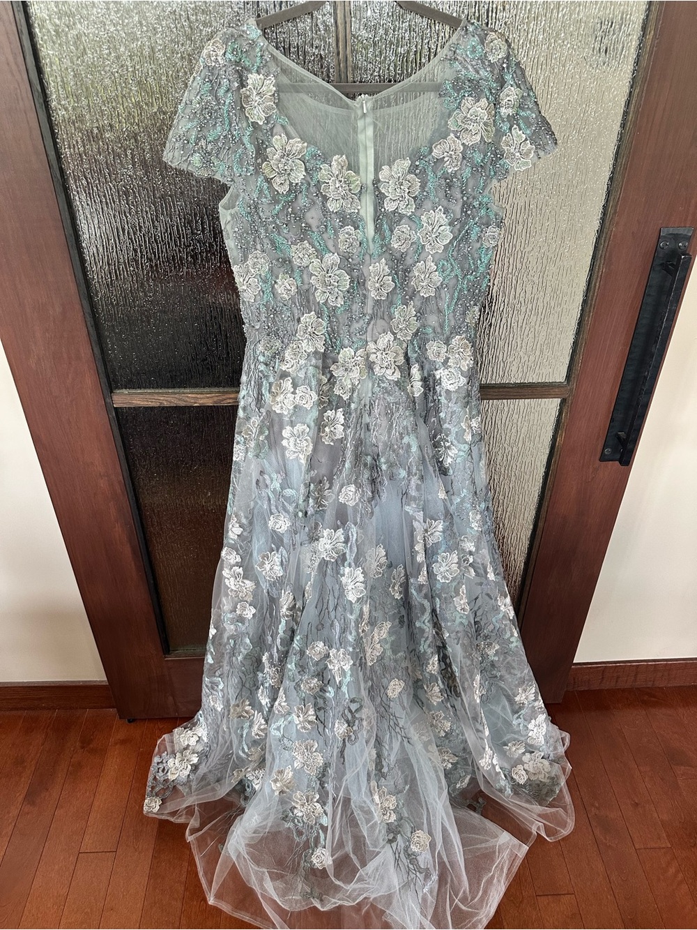 Mac Duggal Steel Blue and Silver Floral Embroidered Maxi Gown - Picture 4 of 14